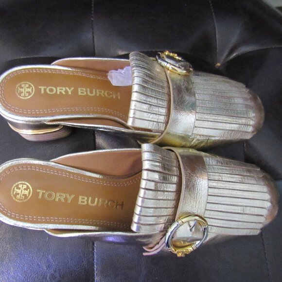 Tory Burch Shoes - TORY BURCH MULTI-LOGO KILTIE GOLD MULE SHOES FRINGE EMBOSSED Sz 7.5